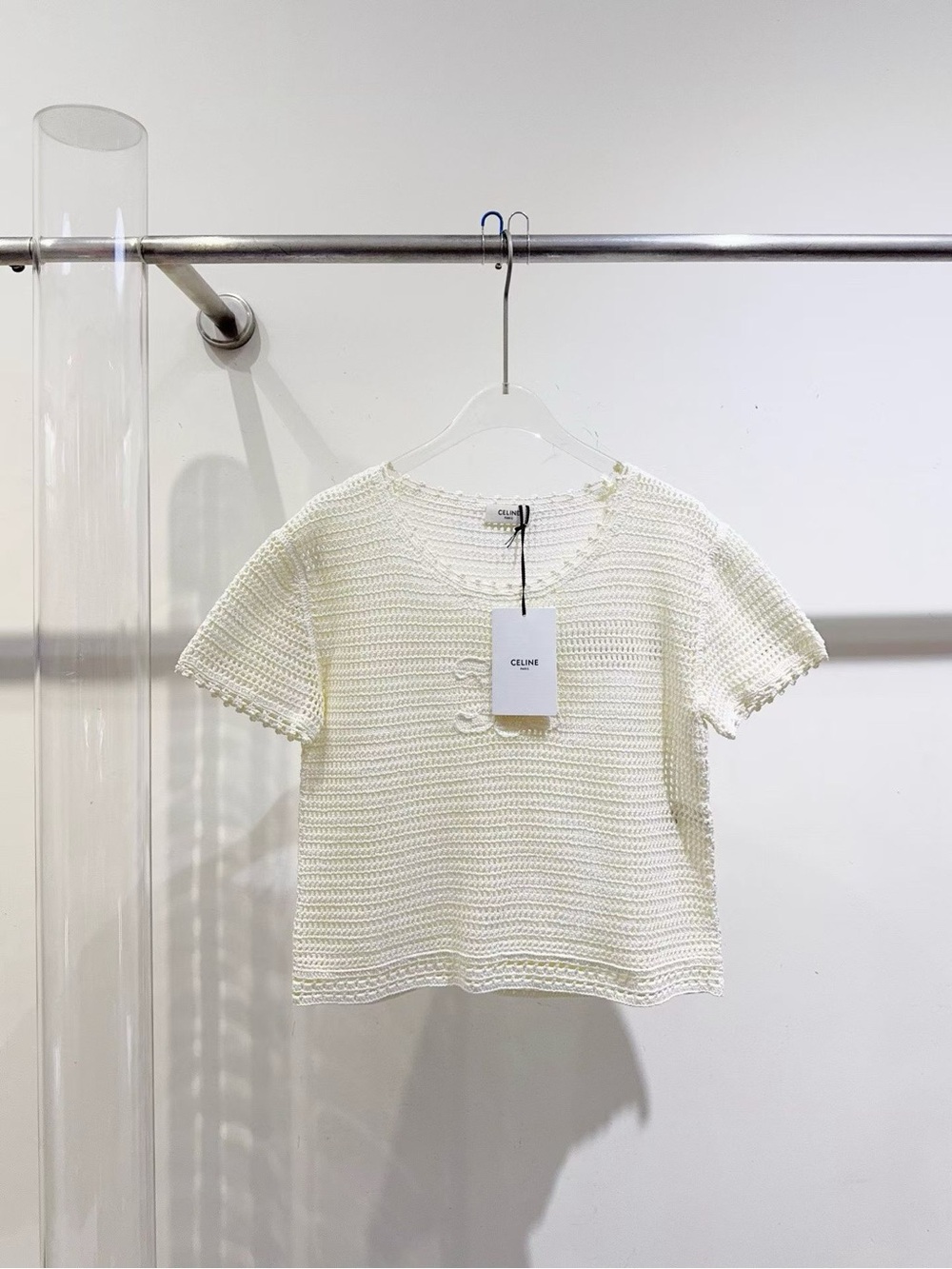 Celine Cream Crochet Knit Short Sleeve Top
